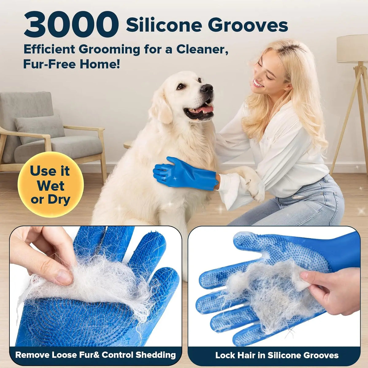 Pet grooming gloves 6-pack by S And B Enterprise with silicone grooves for dogs and cats; wet or dry to remove loose fur.