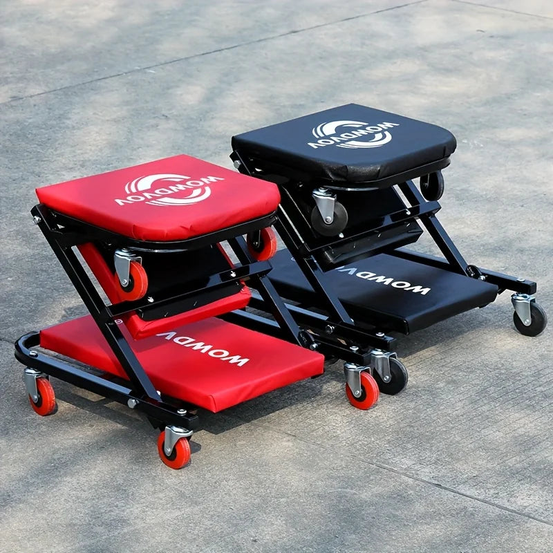 2-in-1 mechanic creeper seat with wheels, red and black cushions, heavy-duty folding rolling stools pair