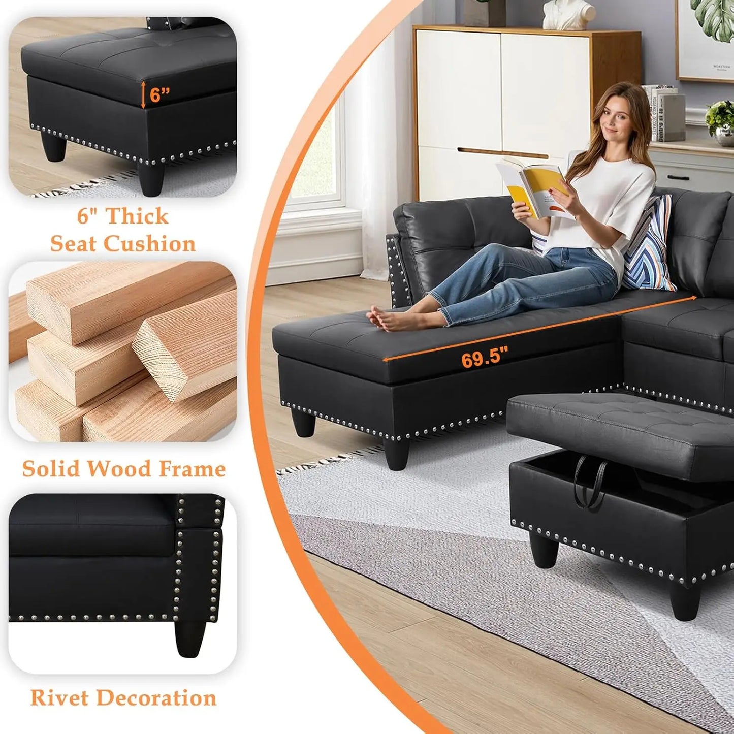 Sectional Sofa Couch Modern Living Room Furniture Set With Chaise Lounge Ottoman