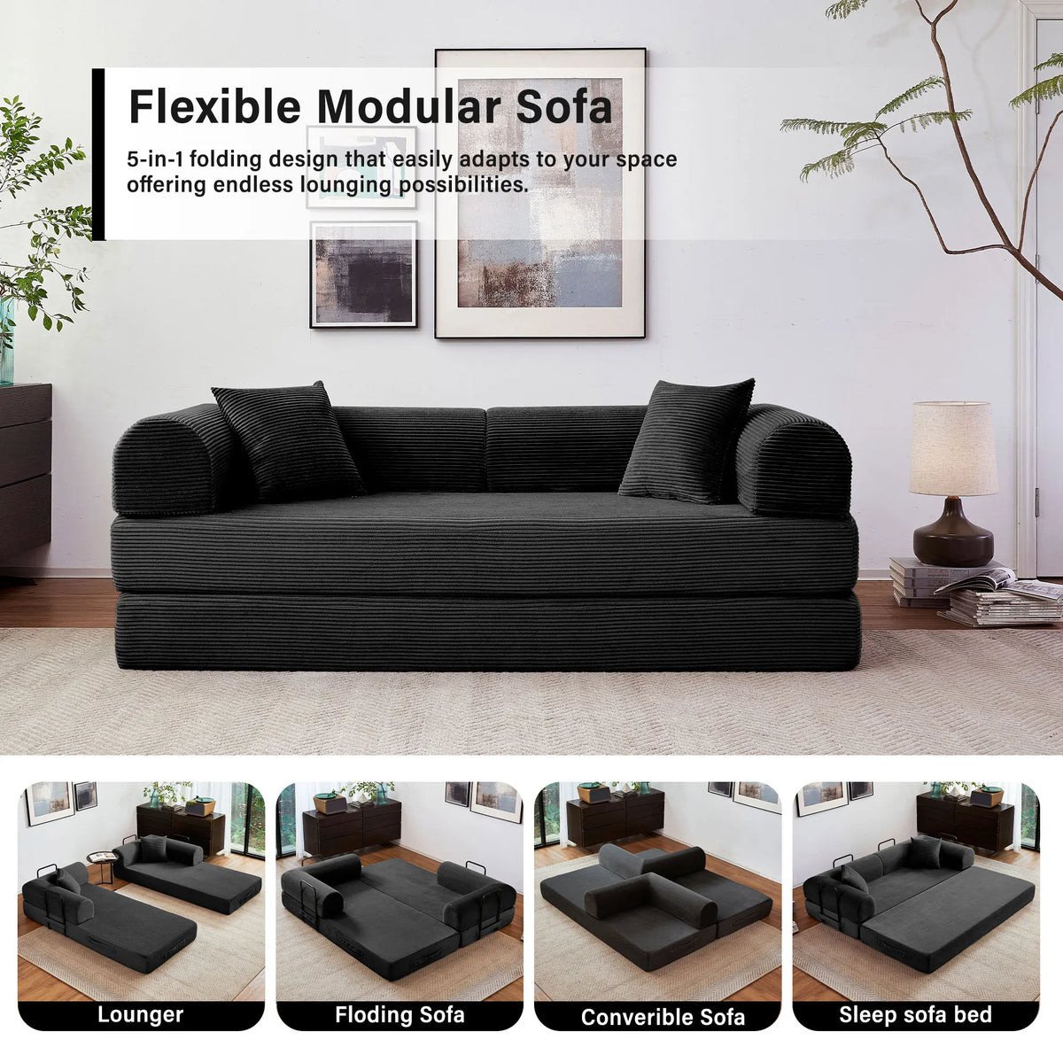 79-inch boneless couch folding convertible futon sleeper sofa bed with L-shaped arms in black fabric for living room