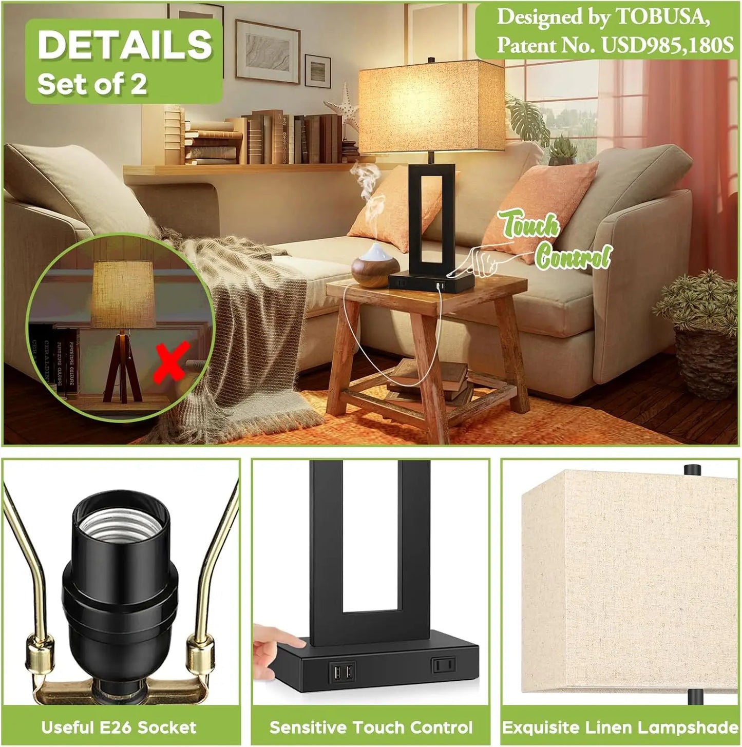 2 Pack Touch Control Table Lamp With USB Ports Dimmable Nightstand