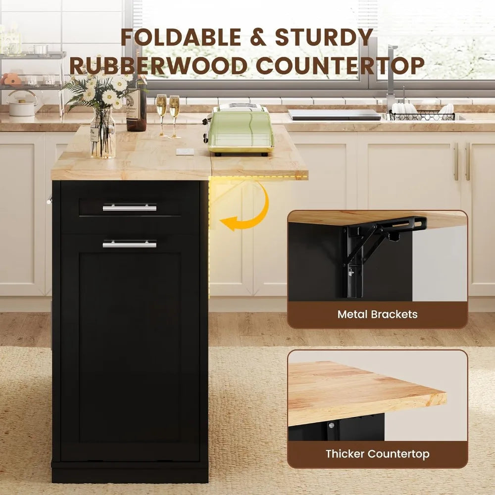 53-inch rolling kitchen island with rubberwood countertop, drop leaf, power outlet, trash can