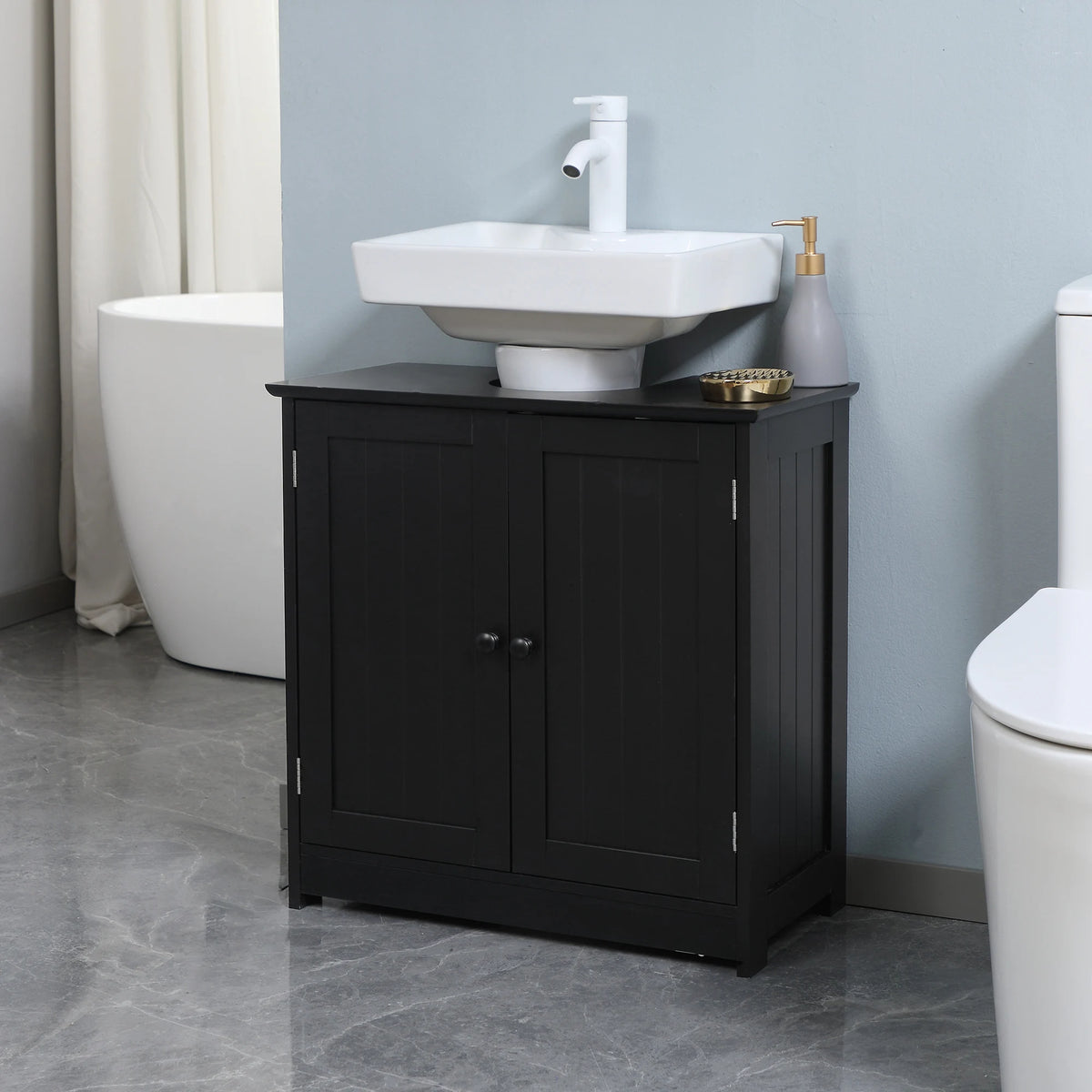 Under-sink bathroom vanity cabinet in black with 2 doors and shelf