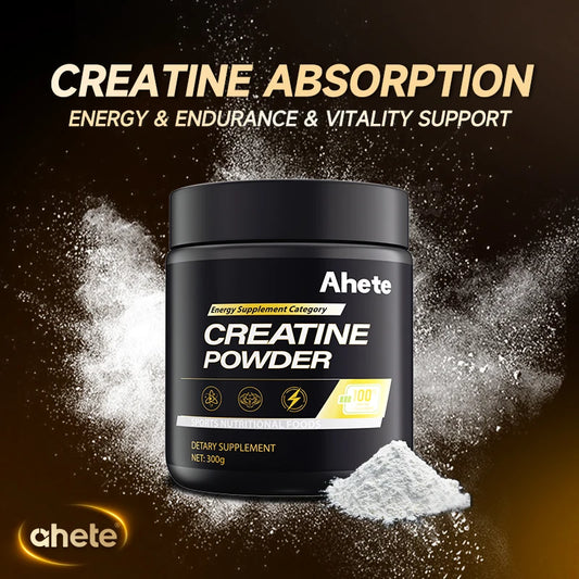 Ahete Creatine Powder jar, black bottle with white label, 300g net weight.