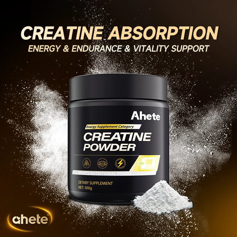 Creatine powder supplement by Ahete in a black jar; white label, white powder mound beside, 300g.