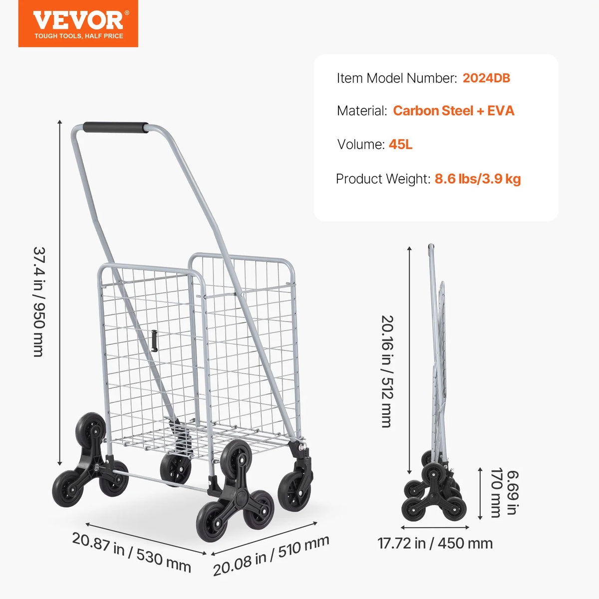 VEVOR folding stair-climbing shopping cart with carbon steel frame and EVA grip, 88 lb capacity