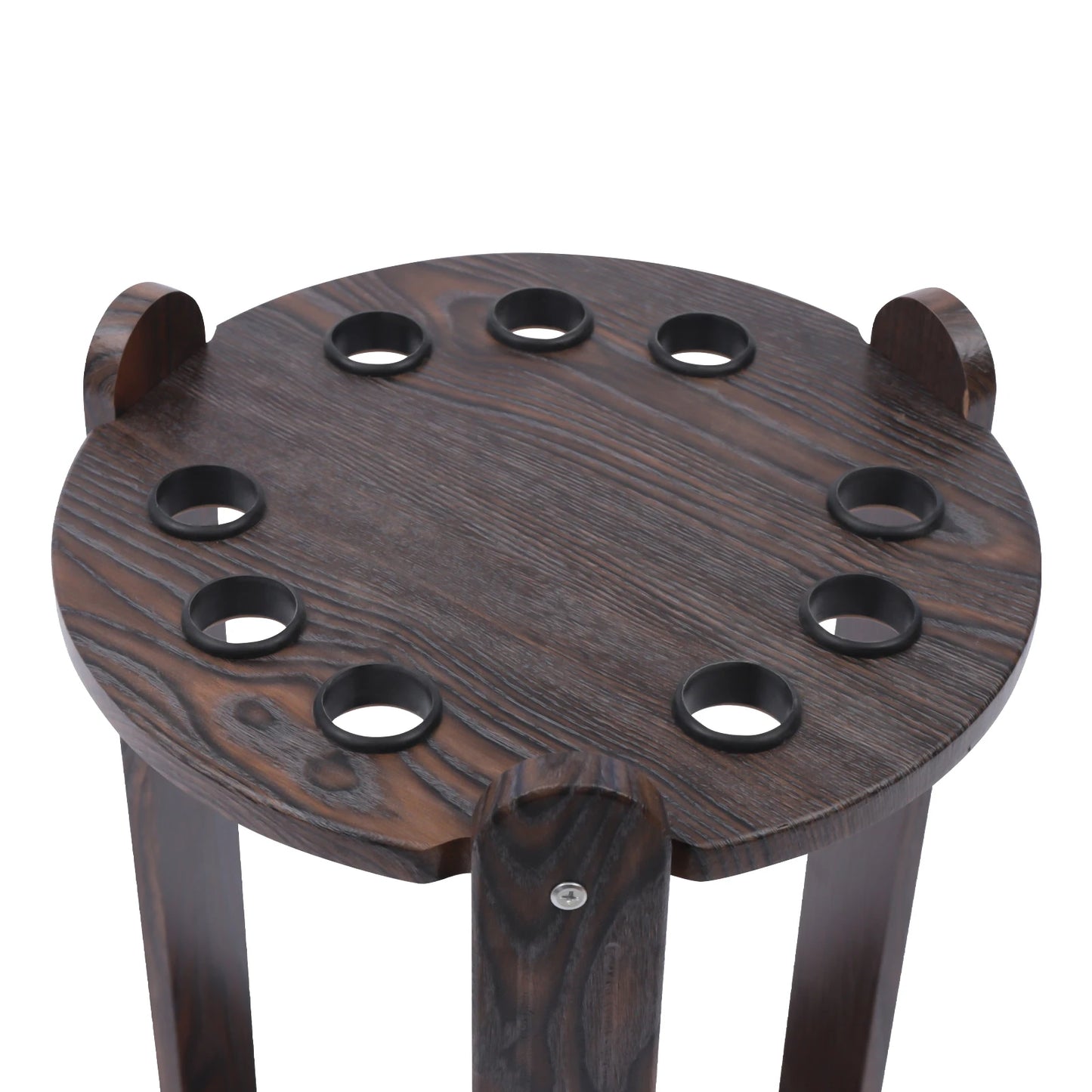 Wood billiard cue rack with a 9-hole round top, corner floor stand in dark stain by S And B Enterprise.