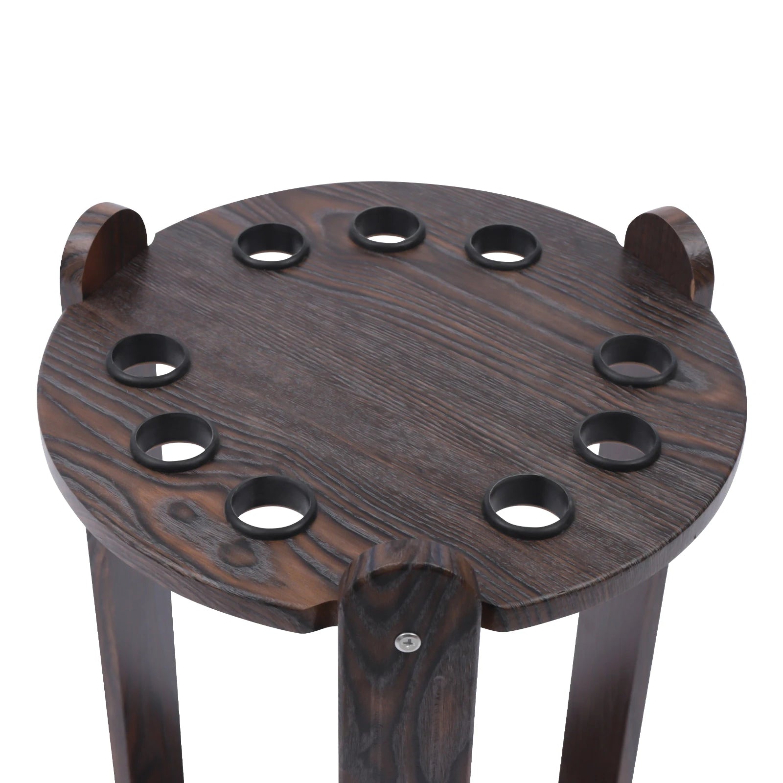 Wood billiard cue rack with a 9-hole round top, corner floor stand in dark stain by S And B Enterprise.