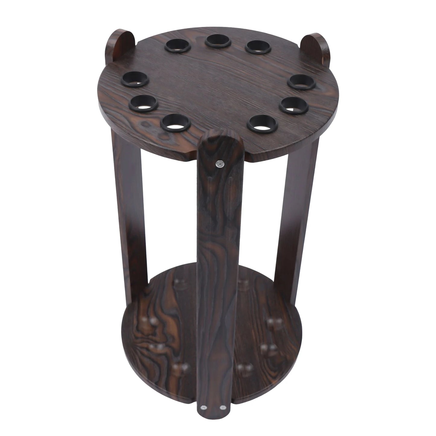 Wood billiard cue rack with 9 circular holes, dark-stained corner floor stand for pool cues