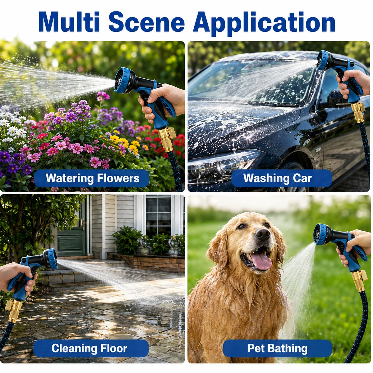 Expandable retractable garden hose with 8-spray nozzle and brass fittings for watering, car washing, and pet bathing