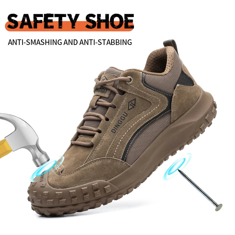 All-Season men's safety work shoe by S And B Enterprise in brown suede with rugged outsole.