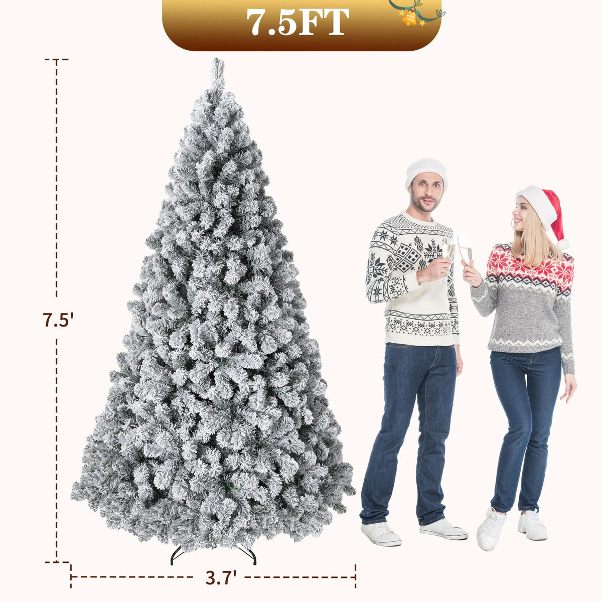7.5ft flocked artificial Christmas tree with snowy tips, warm white LED lights, hinged divisions and metal stand