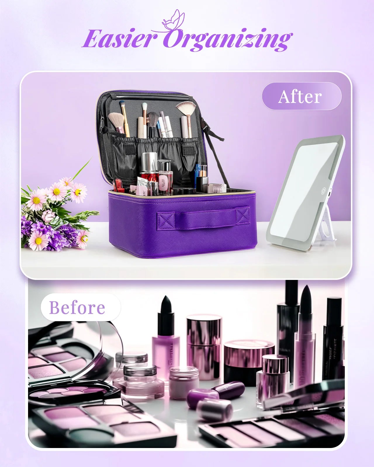 Makeup Bag With Mirror lamp,Travel Waterproof Necessary Beauty Brush Embroidery Tool Storage Cosmetic Case Portable Makeup Box by S And B Enterprise