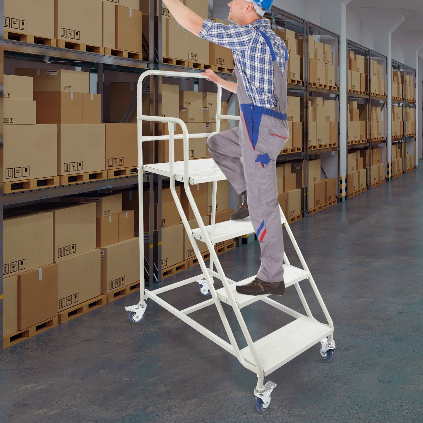 Heavy-Duty 4-Step Stair, High Load-Bearing Warehouse Ladder, Anti-Slip Mobile Step Ladder with Brake Wheel, Cold-Rolled Steel Elevation Platform with Guardrail for Warehouse Supermarket Home by S And B Enterprise