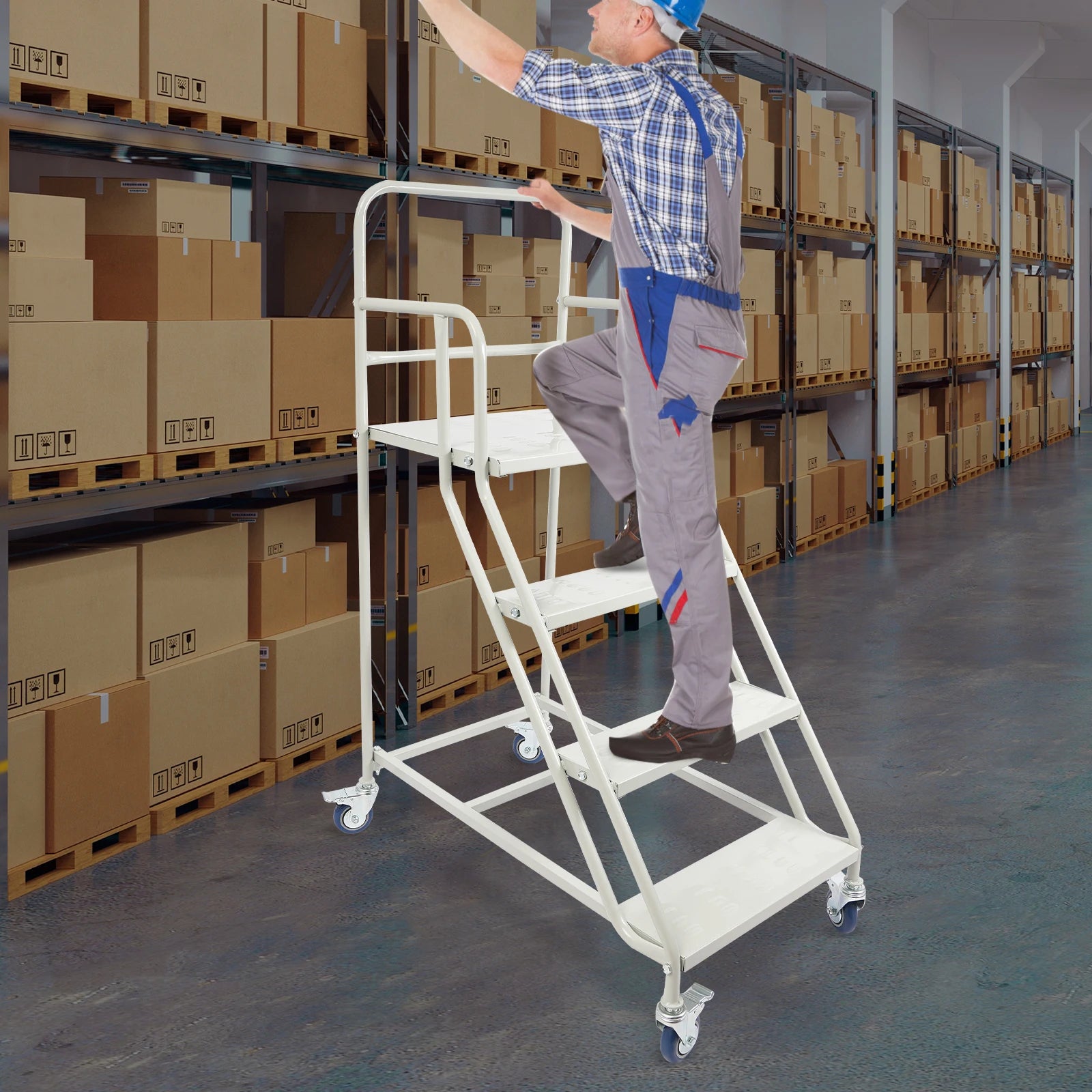 Heavy-Duty 4-Step Stair, High Load-Bearing Warehouse Ladder, Anti-Slip Mobile Step Ladder with Brake Wheel, Cold-Rolled Steel Elevation Platform with Guardrail for Warehouse Supermarket Home by S And B Enterprise