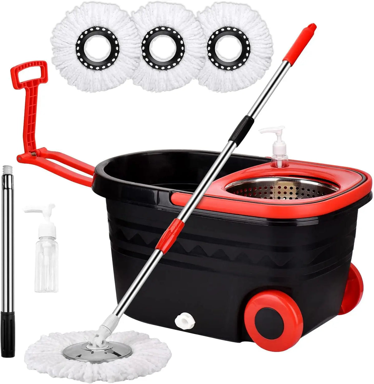 Spin mop bucket set by S And B Enterprise with wheels and extendable handle; includes 3 replacement mop refills.