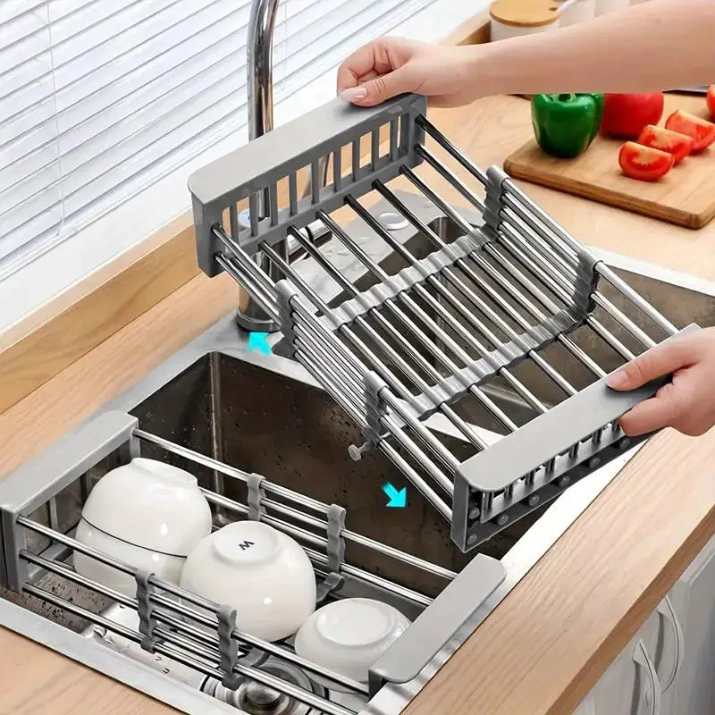 Stainless steel retractable over-sink dish drying rack, space-saving kitchen organizer for plates and bowls