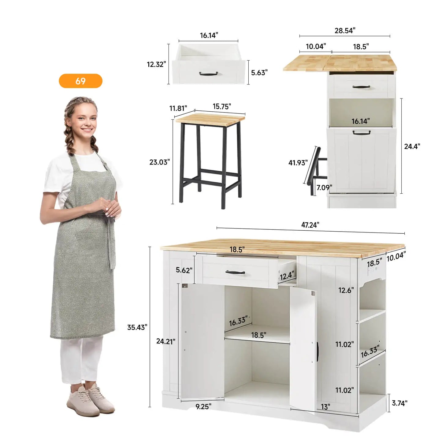 ONBRILL Stationary Kitchen Island With Storage And Two Chairs by S And B Enterprise
