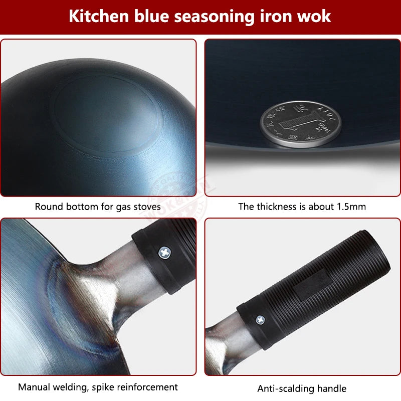 32/34cm Seasoning Blue Iron Wok Uncoated Nonstick Pot Lightweight Classic Chef Wok Outdoor Kitchen Cookware for Gas Stove by S And B Enterprise