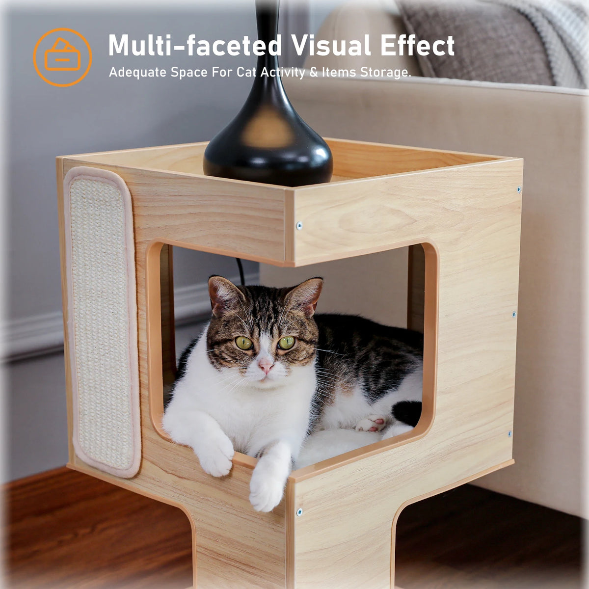 Wood cat condo house bed with removable soft mats and built-in scratching pad in natural wood finish