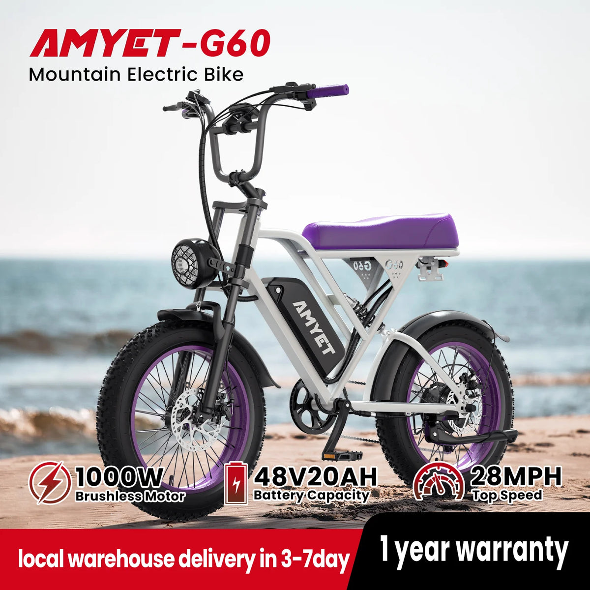 AMYET V9-G60 electric mountain bike by S And B Enterprise, white frame with purple accents, 1000W brushless motor