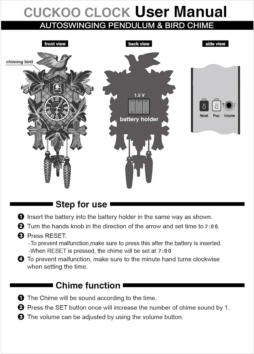 NEW cuckoo clock CL-301 user manual illustration by S And B Enterprise showing front, back and side views