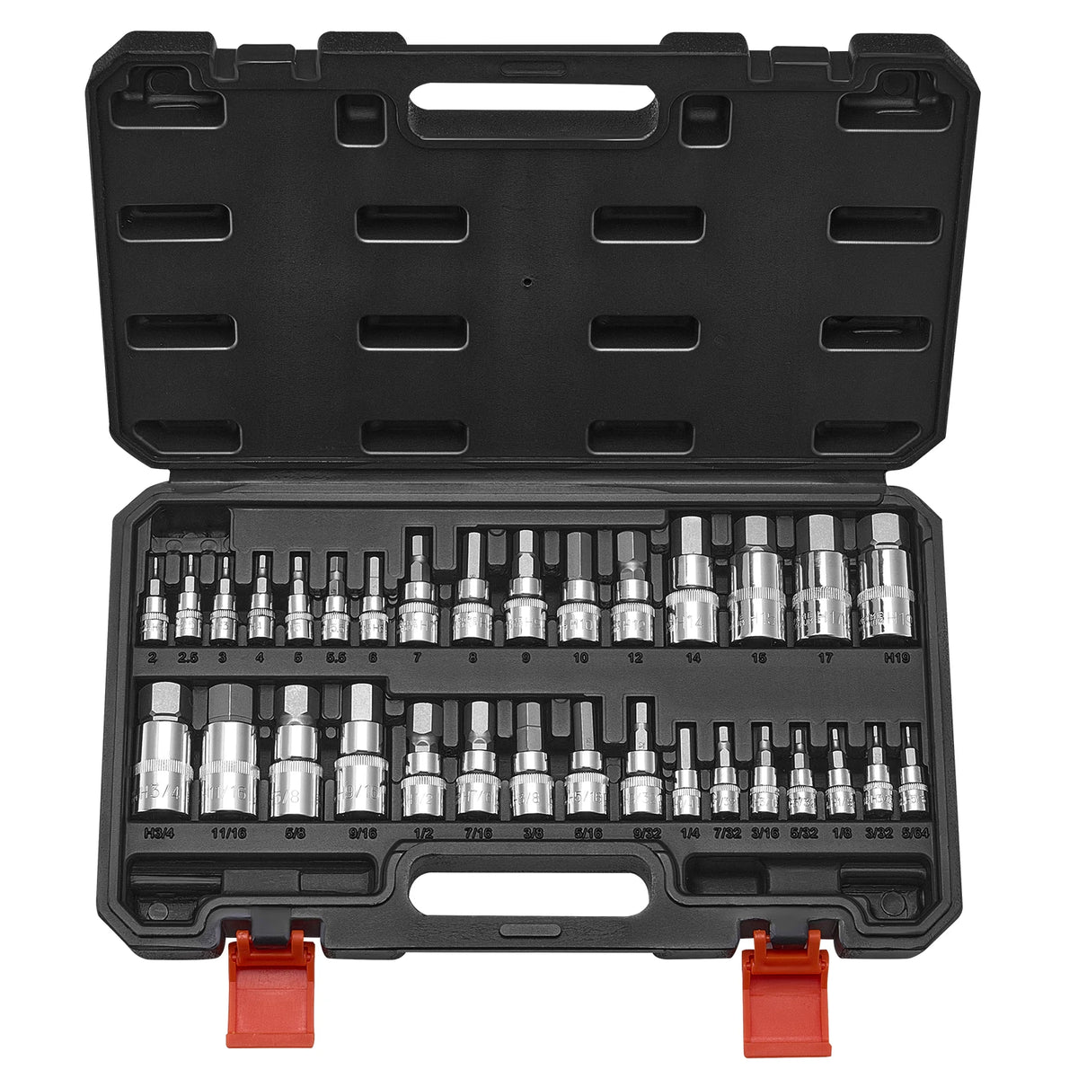 SucceBuy 32-piece hex bit socket set in a black storage case; S2 alloy steel and Cr-V steel sockets for SAE and metric.