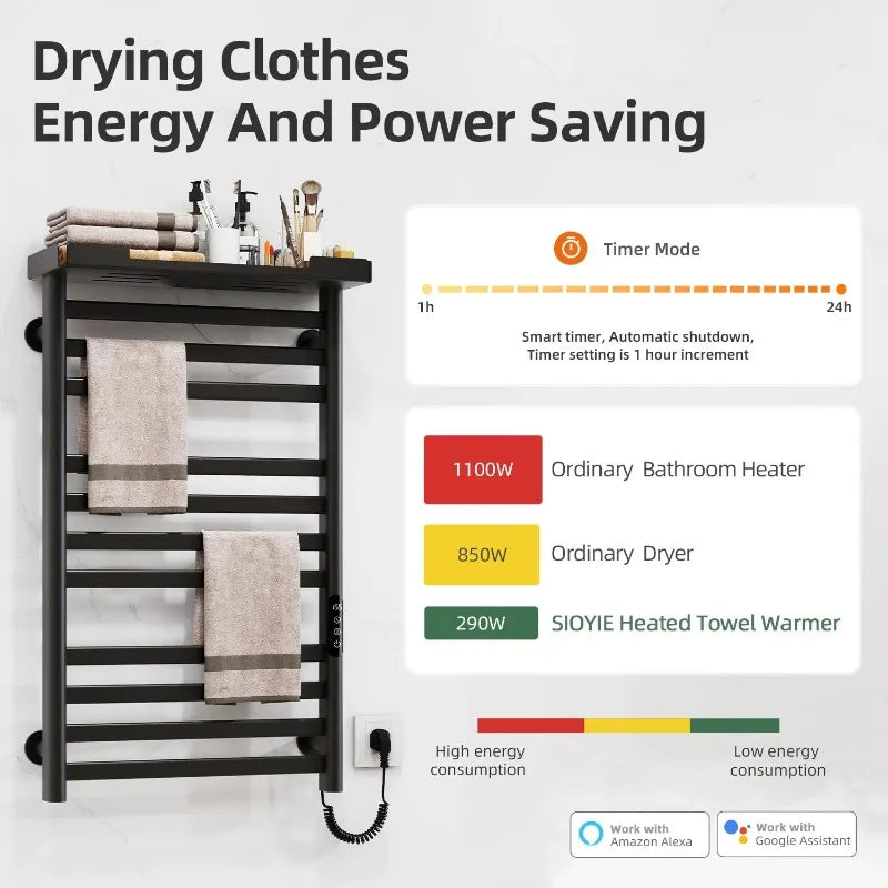 SIOYIE Eleven Bar Heated Towel Rack With Shelf Wall Mount