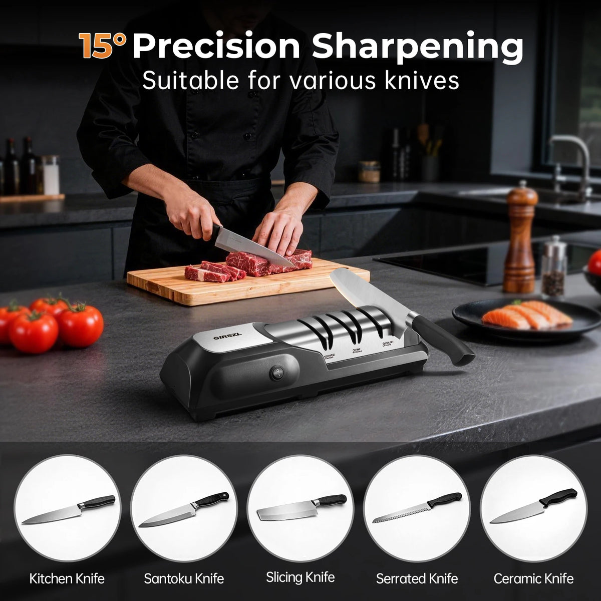 One Touch Electric Knife Sharpener by S And B Enterprise; black and silver with a fixed 15° angle