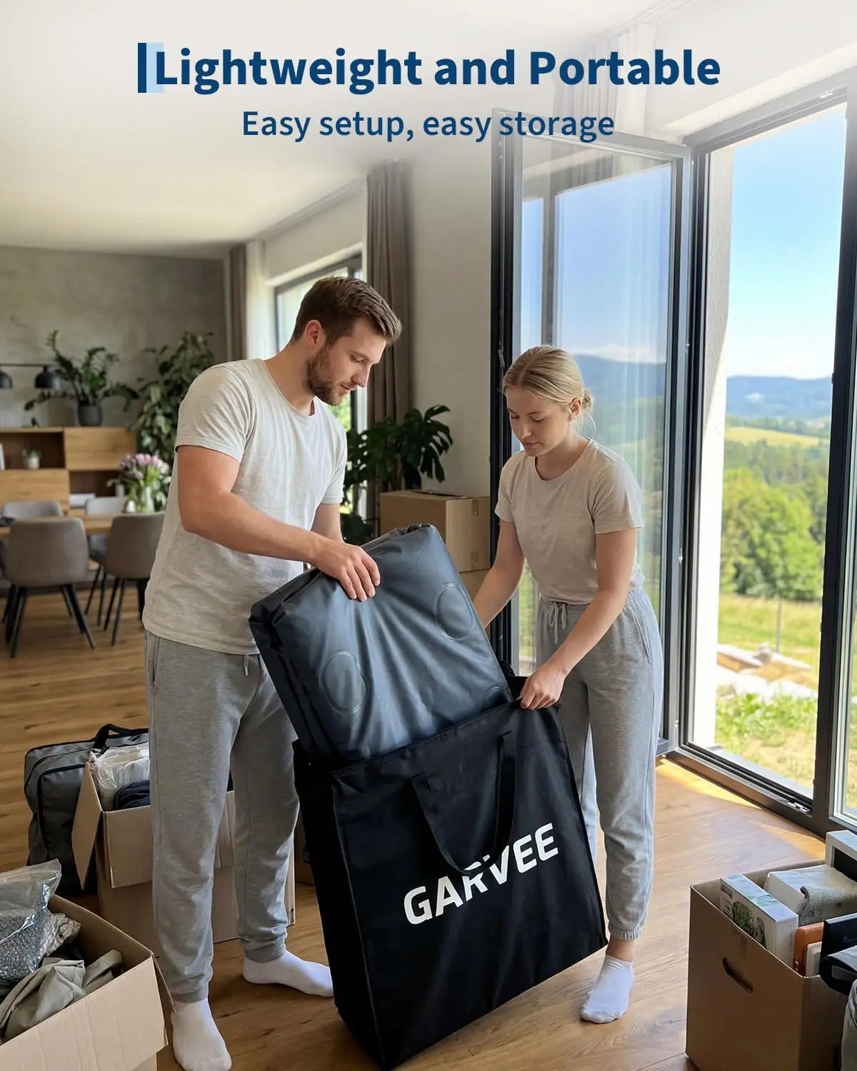 20in raised air mattress twin/queen with built-in pump, in black bag with GARKVEE, unpacked by a couple.