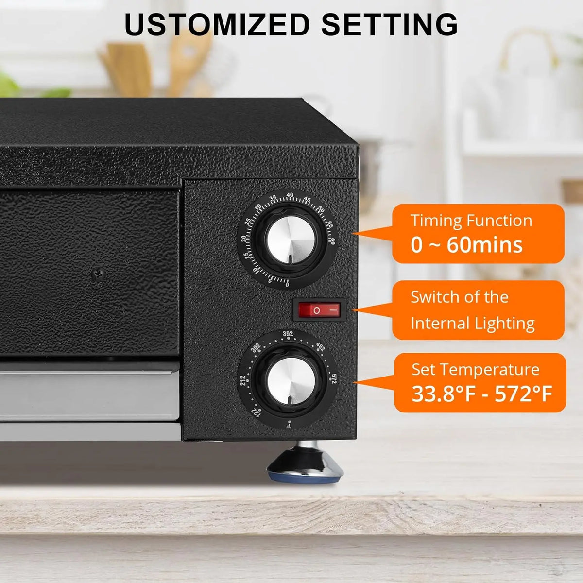 Black 1100W countertop pizza oven with dual numeric dials and a red power switch