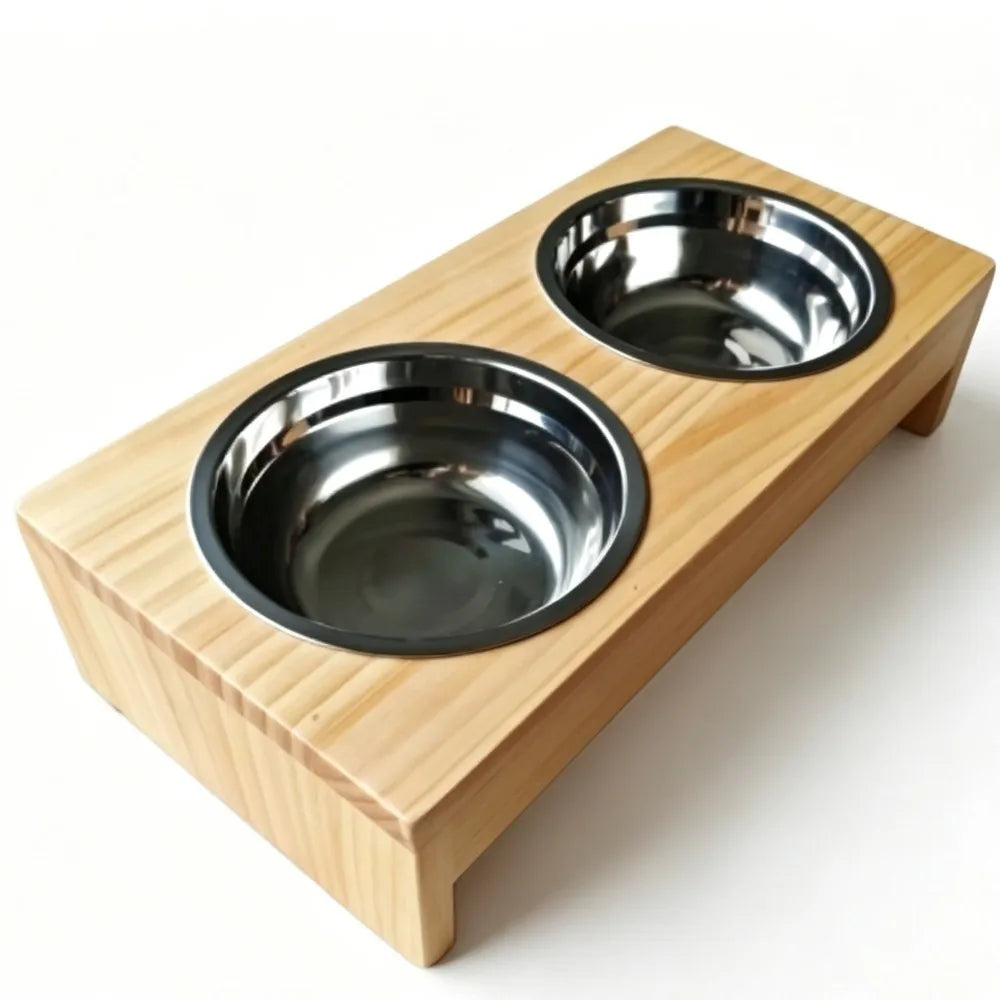 Wooden Elevated Dog Bowls, Raised Pet Feeder with Stainless Steel Double Bowls, Non-Slip Dog Food Water Stand for Medium Large Dogs by S And B Enterprise