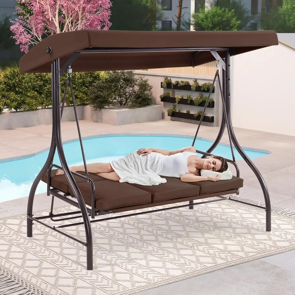 Three Seat Outdoor Patio Swing Chair With Canopy And Cushions