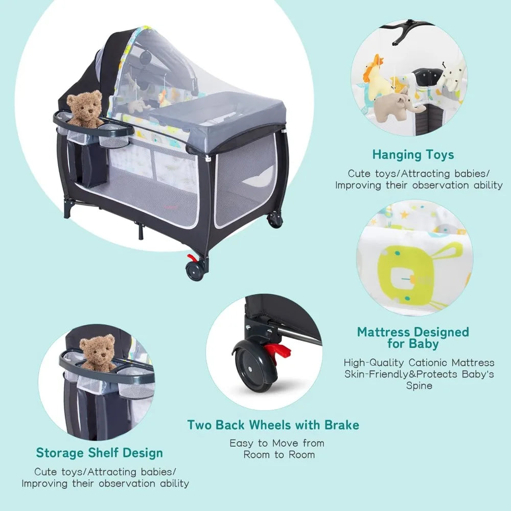 4 in 1 Portable Baby Playard with Adjustable Canopy Music Box Changing Table for Newborn Infant Toddler by S And B Enterprise