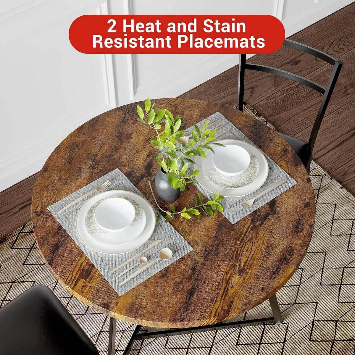 3-Piece Round Dining Table Set with 2 Upholstered Chairs in rustic brown finish for small spaces