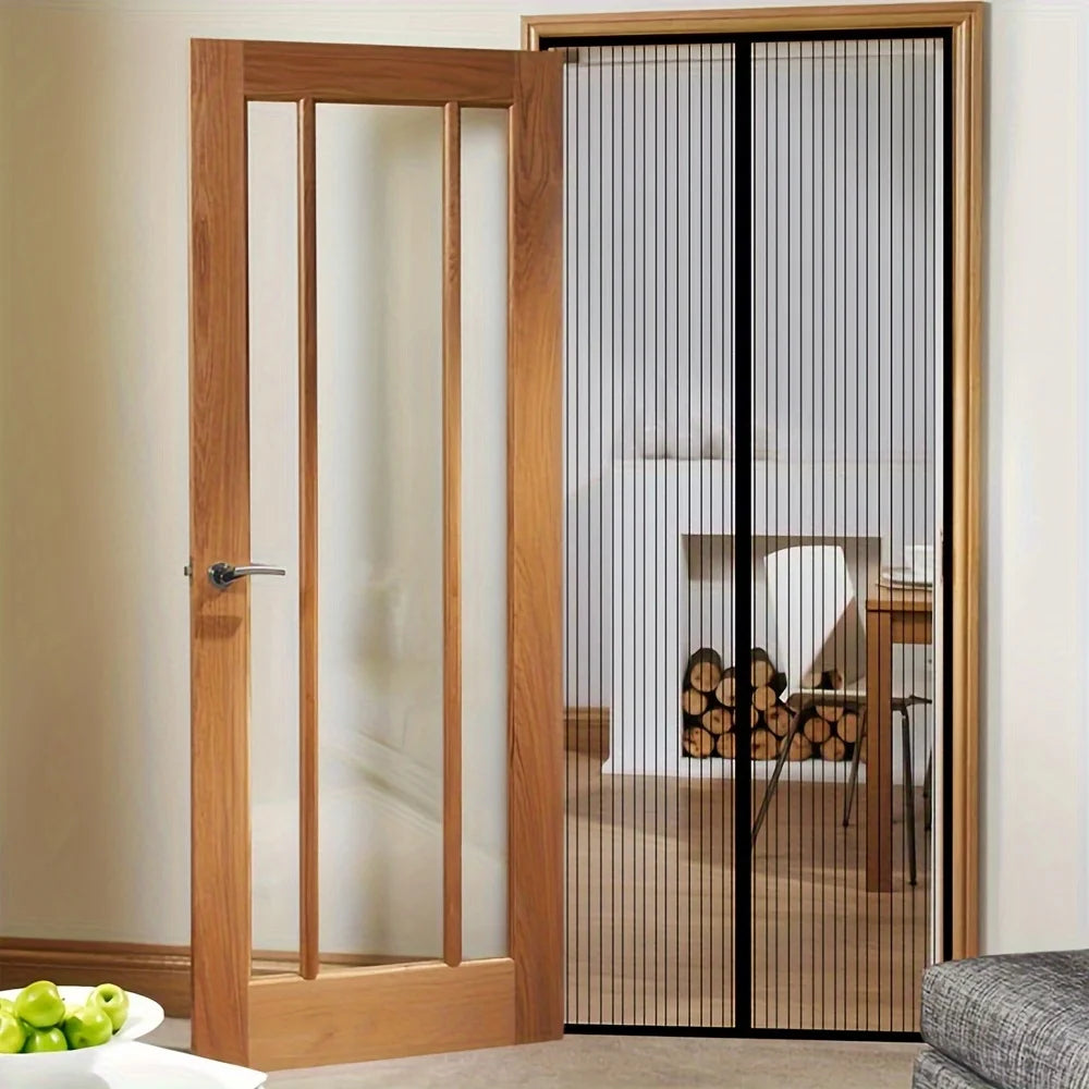 Heavy-Duty retractable screen door with seamless mesh in a wood doorway; pet-friendly insect barrier