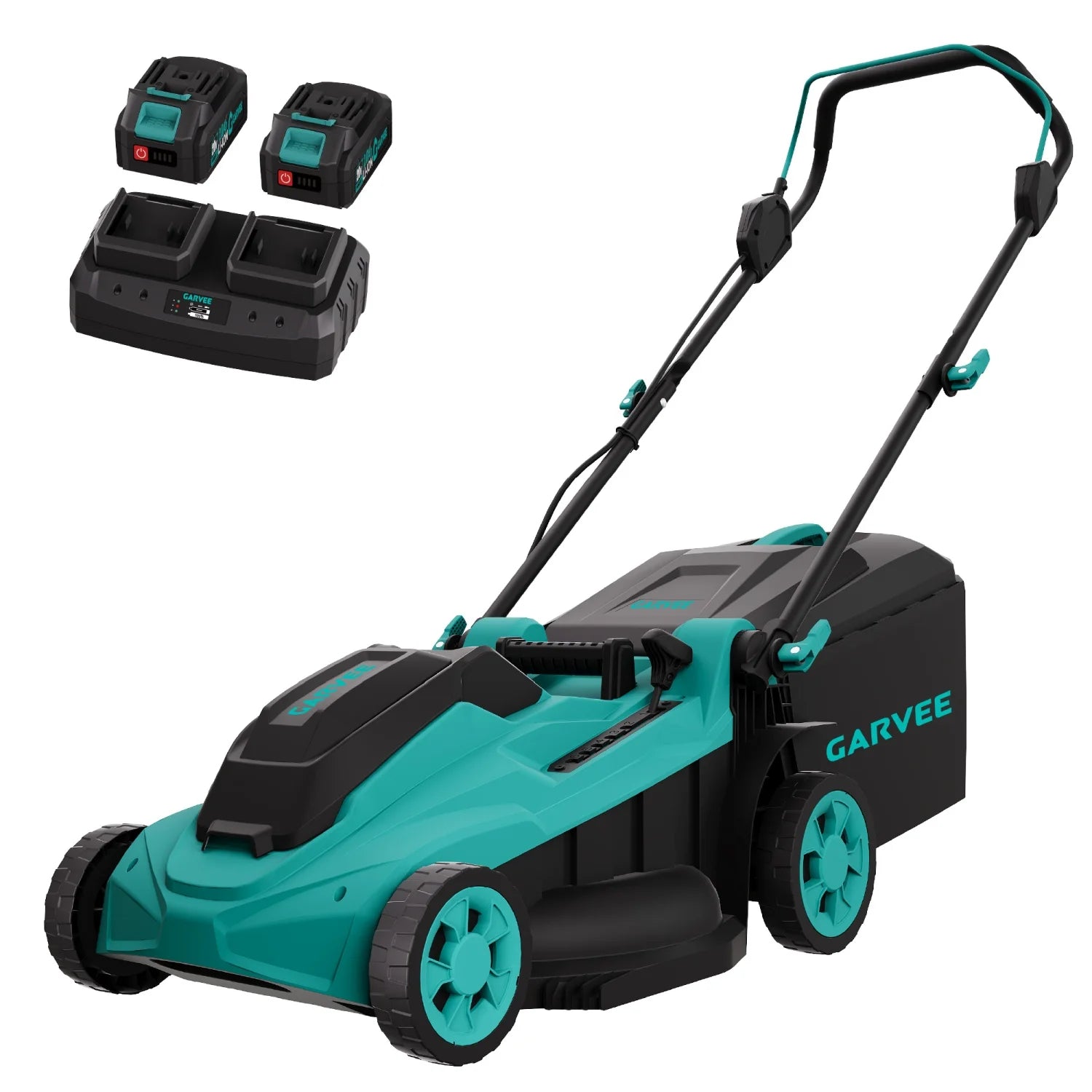 Cordless lawn mower by S And B Enterprise in teal and black, 17-inch with 2×20V 4.0Ah batteries and dual charger