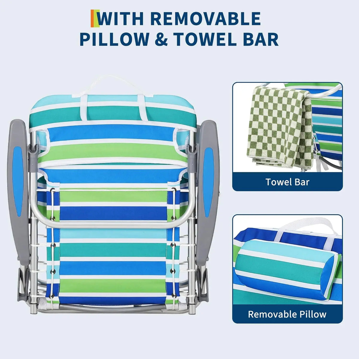 Backpack Beach Chair for Adults by S And B Enterprise, blue-green striped with removable pillow and towel bar