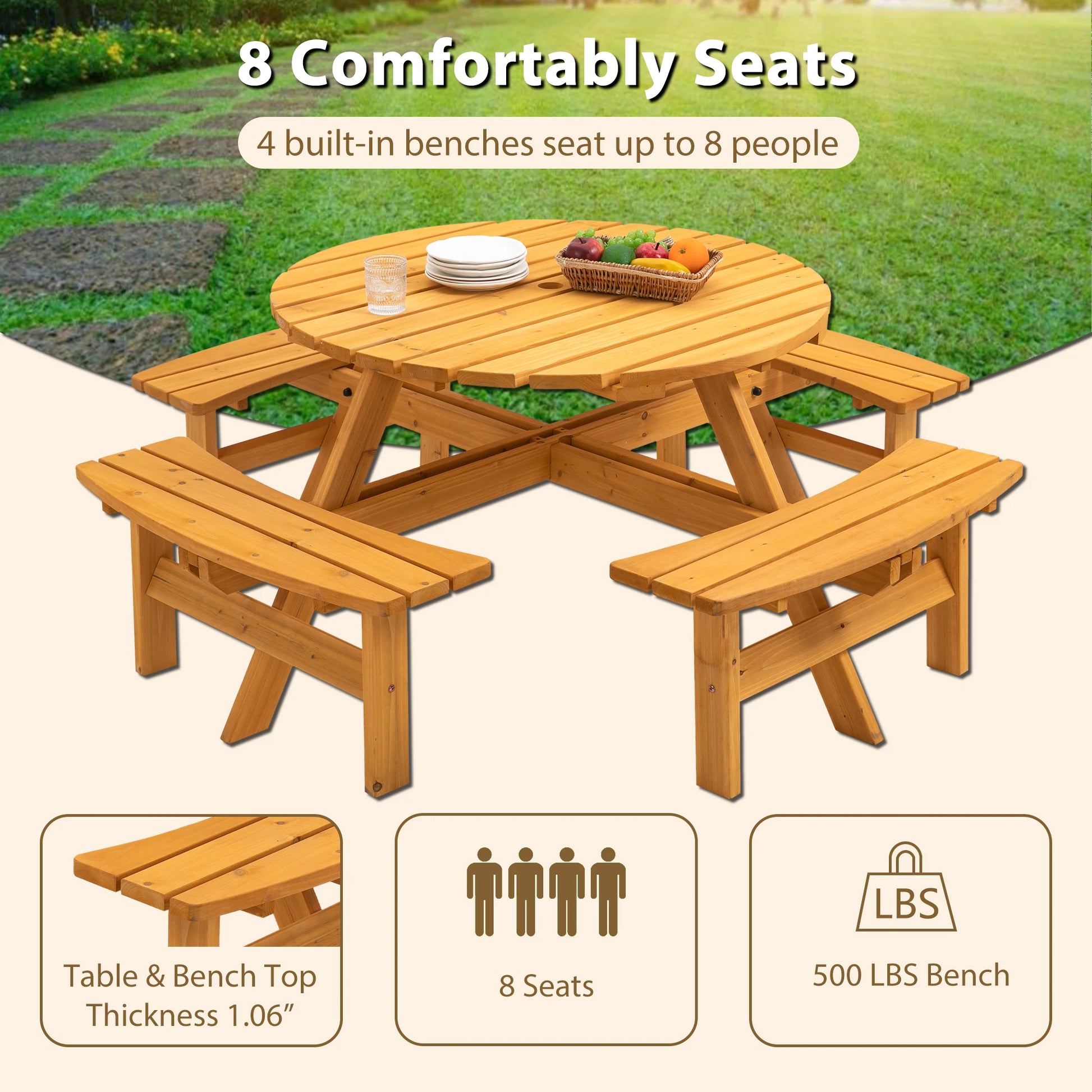 Solid Wood Round Outdoor Picnic Table Set with 4 Benches, Weather Resistant Patio Dining Furniture with Umbrella Hole for Garden Backyard Lawn BBQ Party by S And B Enterprise