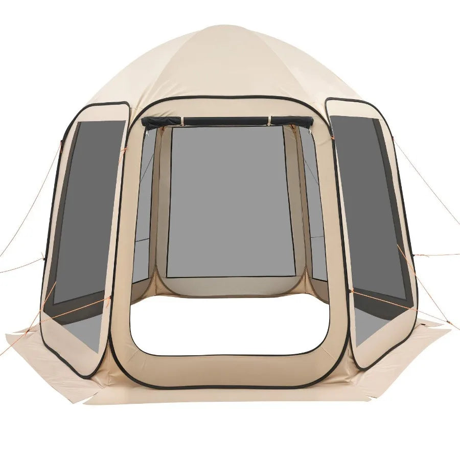 Screen house tent, beige, 10 x 9.2 ft pop-up screened canopy with mesh sides and ground stakes
