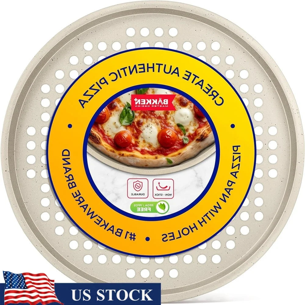 Nonstick Pizza Pan Carbon Steel Perforated Tray With Silicone Handle