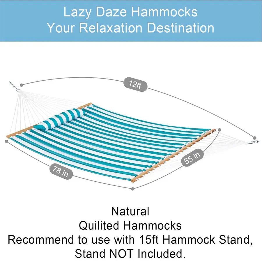 Quilted Double Hammock With Detachable Pillow For Outdoor Patio