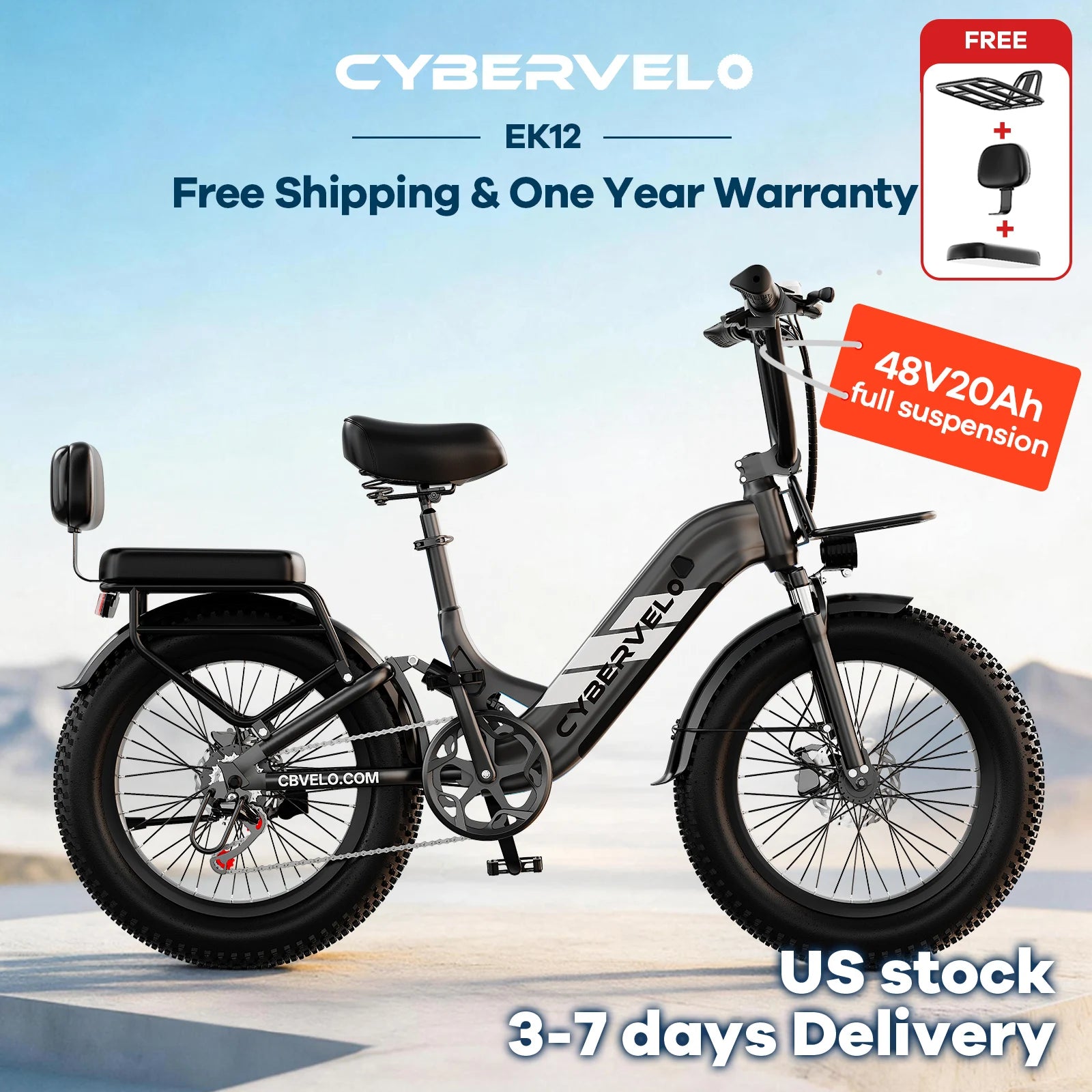 CYBERVELO EK12 1000W Electric Fat Tire Bike With Removable Battery by S And B Enterprise