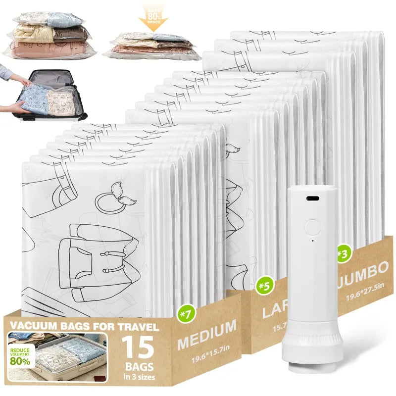 15 Pack Vacuum Bags for Travel with Rechargeable Air Pump, Compression Packing Bags for Luggage, Air Vacuum Bags with Rechargeable Pump, Reusable Space Saver Bags, Airtight Zipper Seal for Clothes Blankets Bedding Quilt, Vacu by S And B Enterprise