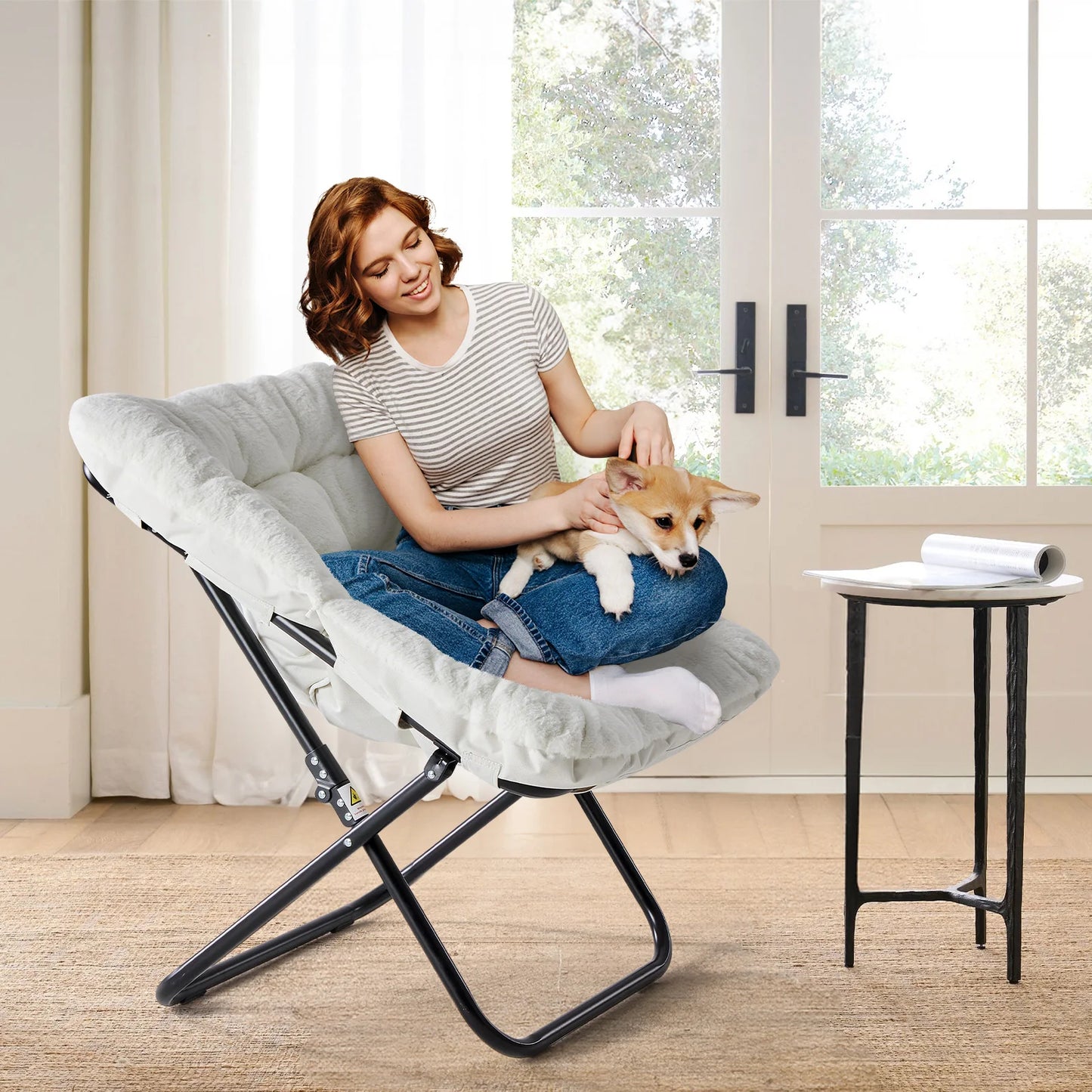 JHK Cozy Saucer Chair Soft Faux Fur Folding Lounge Chair Padded Metal Frame