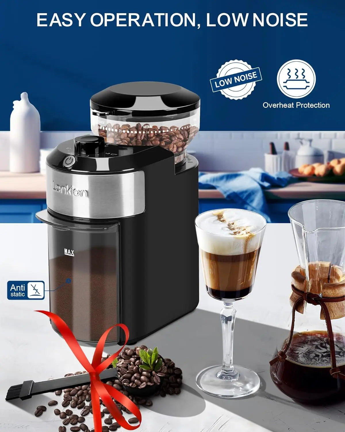 Electric Burr Coffee Grinder With 28 Settings For Home Use