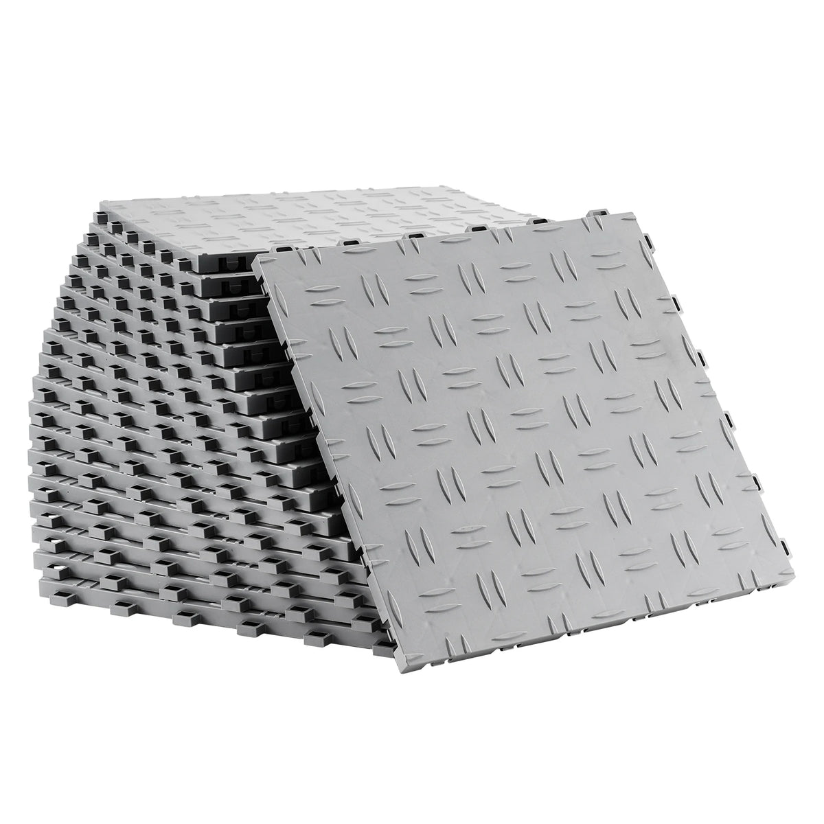 Interlocking garage floor tiles by S And B Enterprise (SucceBuy), grey diamond-plate, non-slip, double-sided.