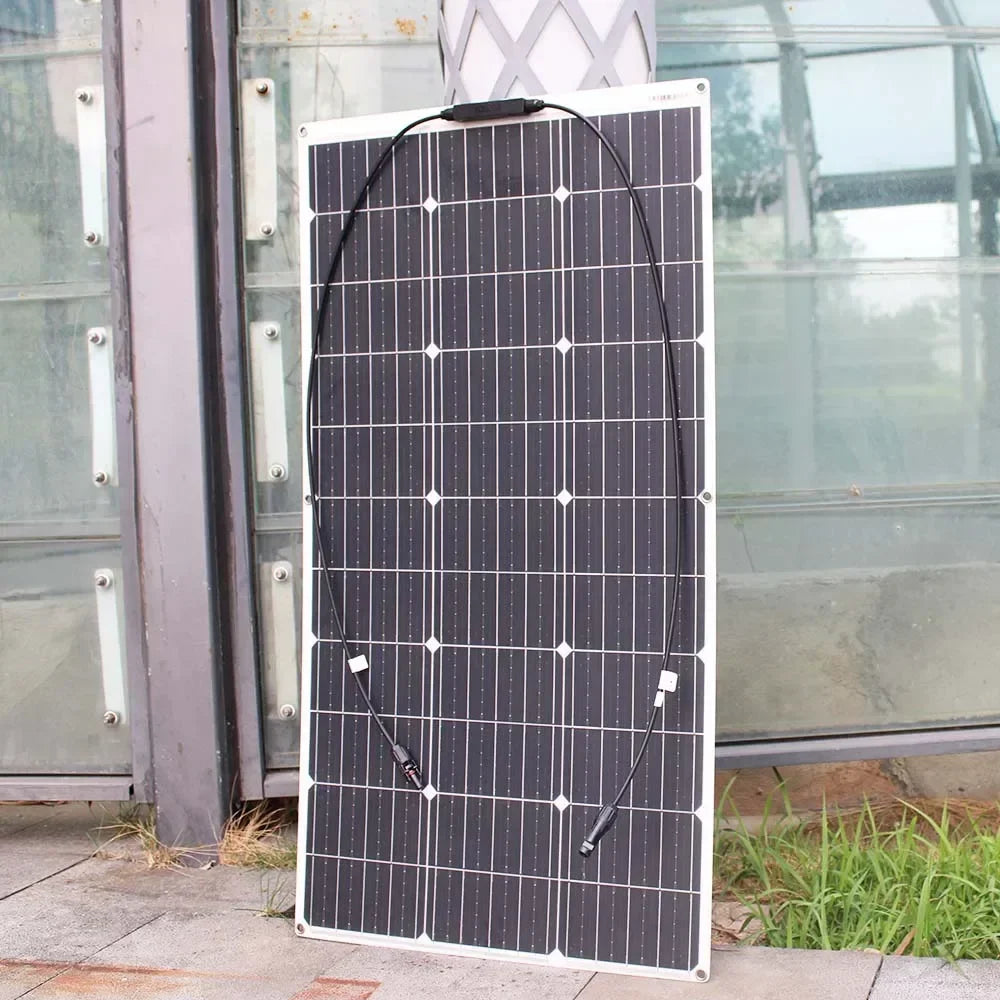 ASUNERGE 12V flexible solar panel with black monocrystalline cells and attached cable.
