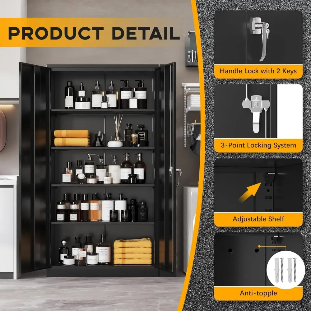 Metal Storage Cabinet With Locking Doors And Adjustable Shelves