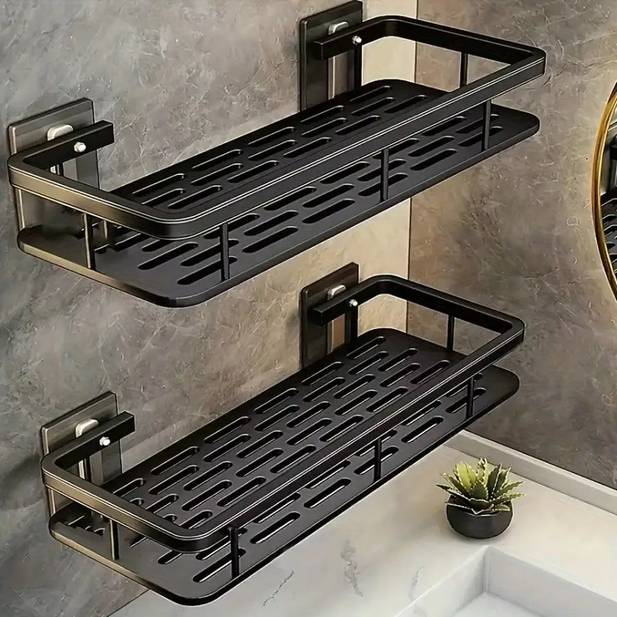 Two-tier black aluminum drill-free wall-mounted bathroom shelf set by S And B Enterprise
